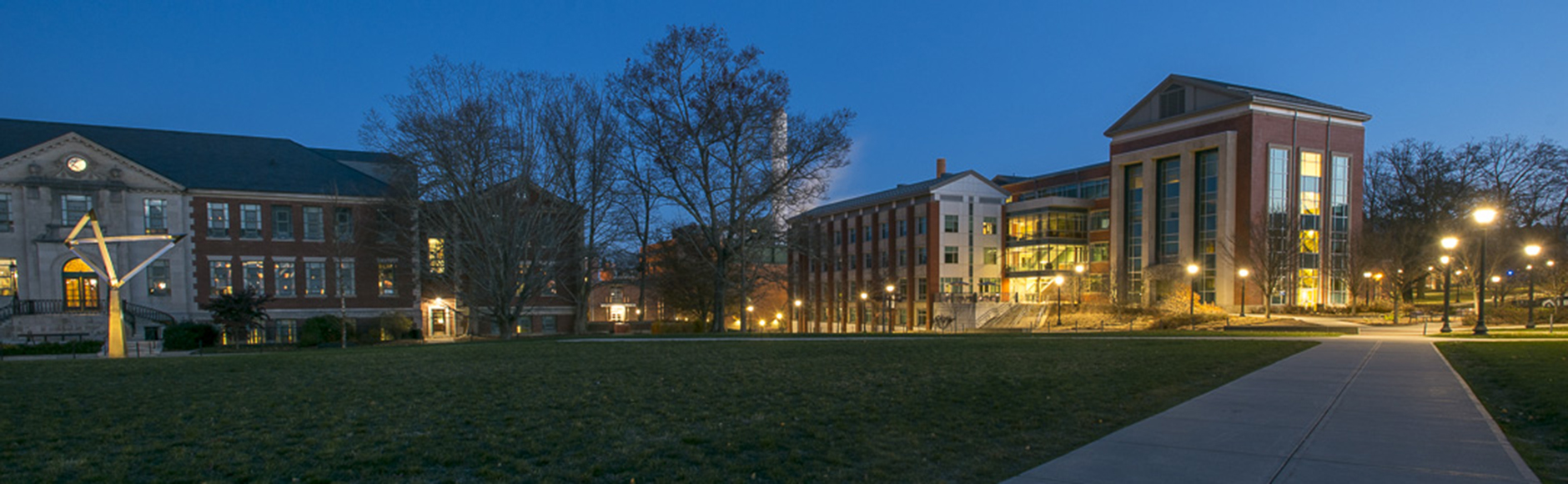 A view of the Gentry Building at night.